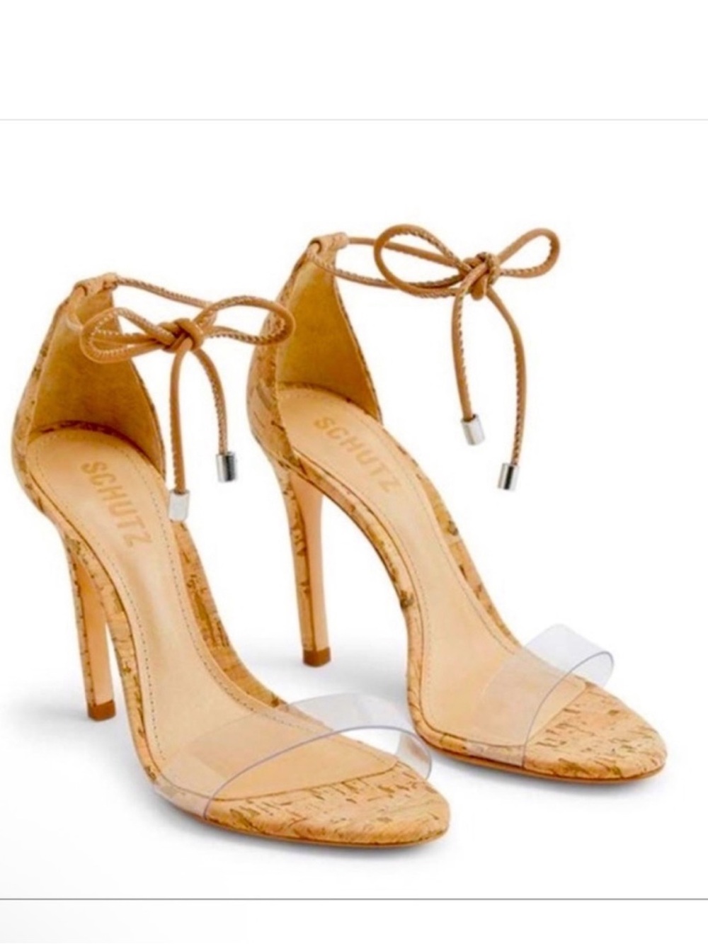 Schutz Tan Cork Ankle-Tie Stiletto Sandals with Clear Strap Size 7.5